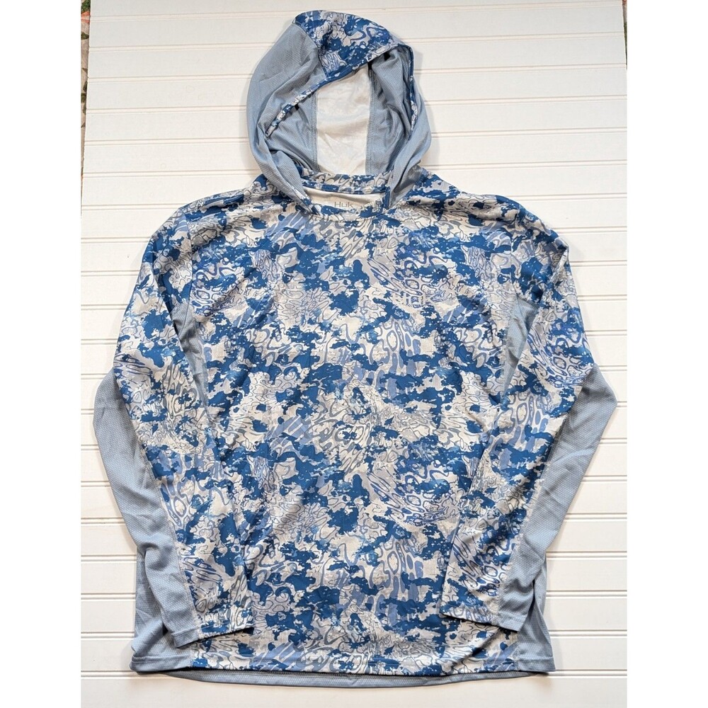 (2) HUK Long Sleeve Hooded Fishing Shirts LARGE Blue Camo & Black Performance